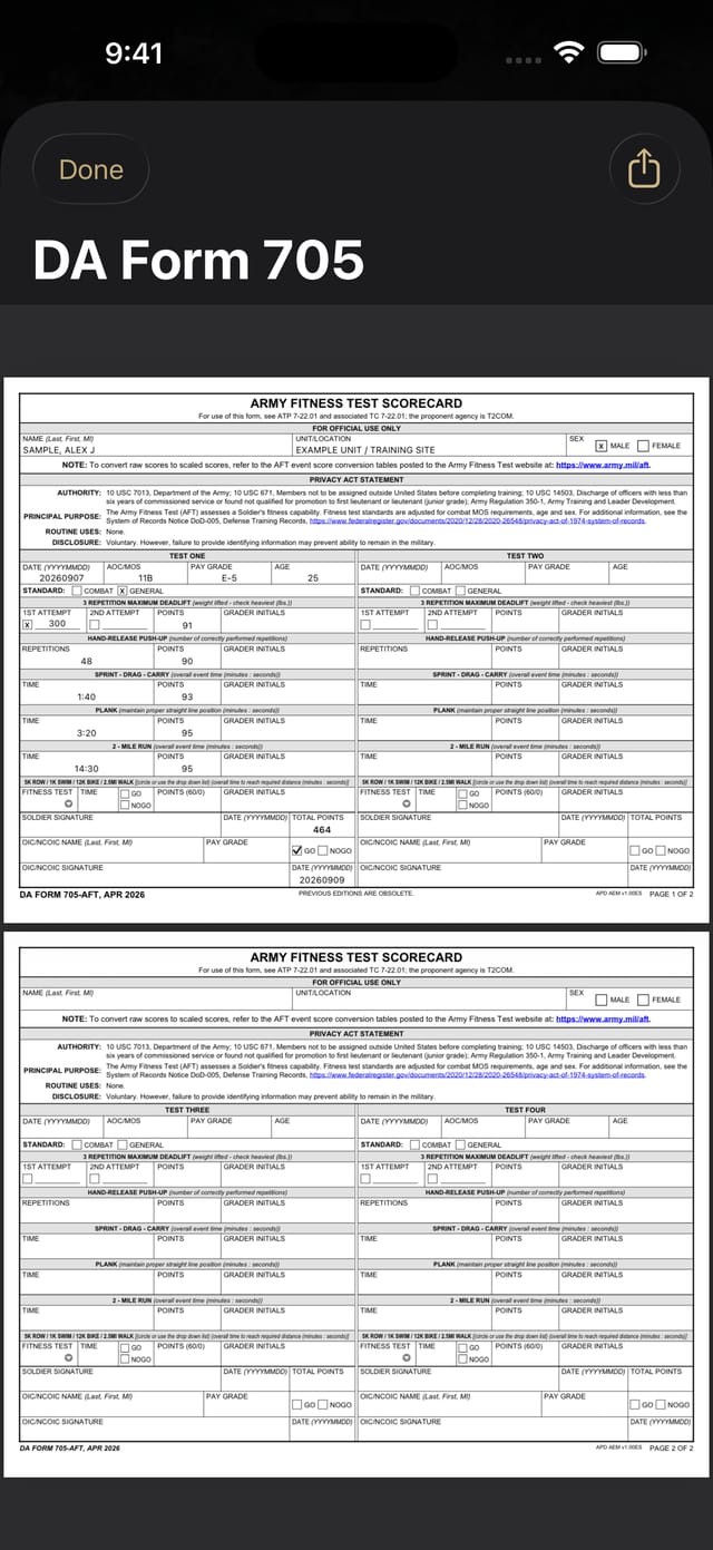 FPKT displaying a completed example DA Form 705 ready to share